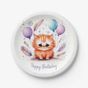 Cute Watercolor Red Kitten Balloons Birthday  Paper Plate