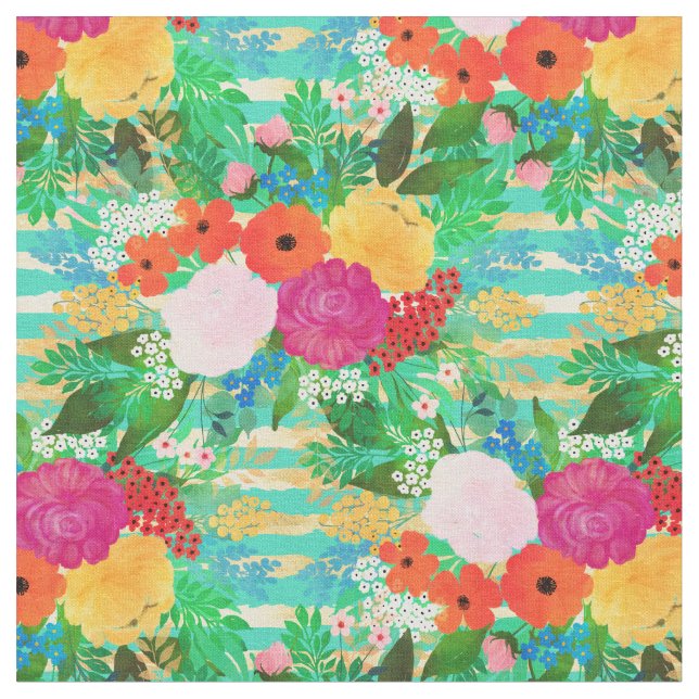 Cute Watercolor Red & Yellow Floral Biscay Green Fabric (Close Up)