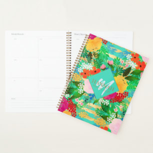 Cute Watercolor Red & Yellow Floral Biscay Green Planner