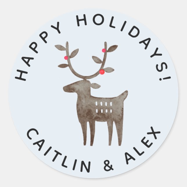 Cute Watercolor Reindeer | Blue - Custom Colour Classic Round Sticker (Front)