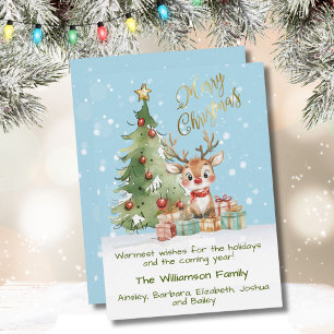Cute Watercolor Reindeer Christmas Tree Card