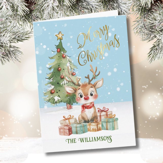 Cute Watercolor Reindeer Christmas Tree  Card (Creator Uploaded)
