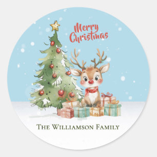 Cute Watercolor Reindeer Christmas Tree Card Classic Round Sticker
