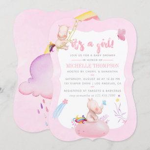 Cute Watercolor Rhino Unicorn Baby Girl Shower Invitation