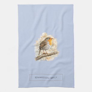 Cute watercolor Robin bird personalised Tea Towel