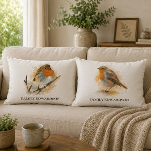 Cute watercolor robin birds monogrammed family lumbar cushion
