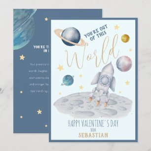 Cute Watercolor Rocket in Space Valentine's Day Holiday Card