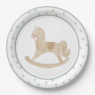 Cute Watercolor Rocking Horse Green Baby Shower Paper Plate