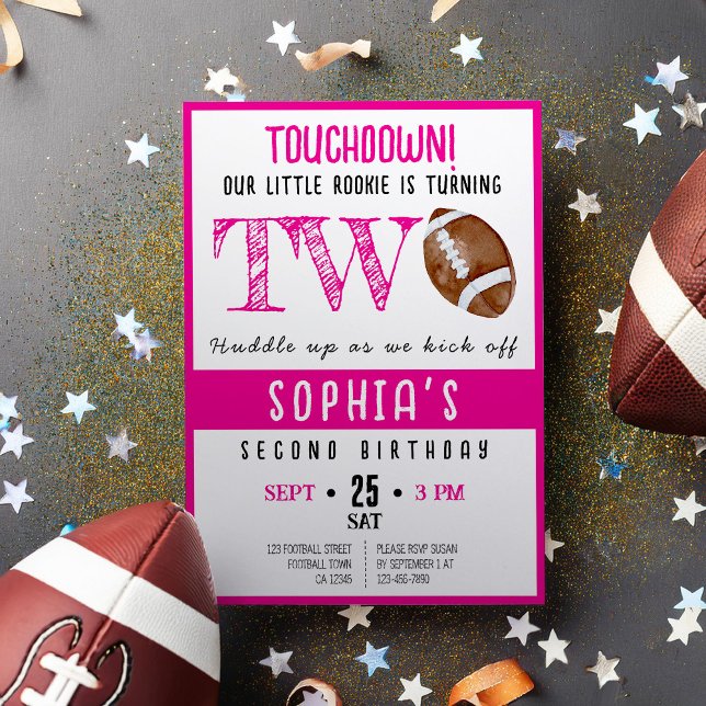 Cute Watercolor Rookie Football Girl 2nd Birthday Invitation (Creator Uploaded)
