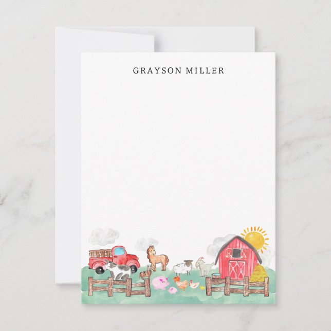 Cute Watercolor Rustic Barnyard Farm Animals Kids Card (Front)