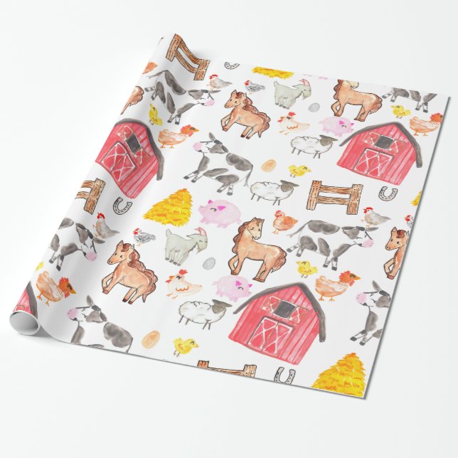Cute Watercolor Rustic Farm Barnyard Animals Barn Wrapping Paper (Unrolled)