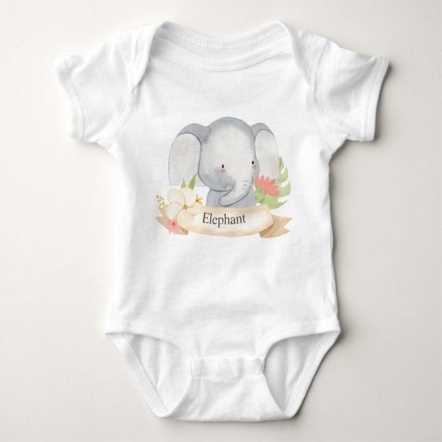 Cute Watercolor Safari Animal Baby Elephant Baby Bodysuit (Front)