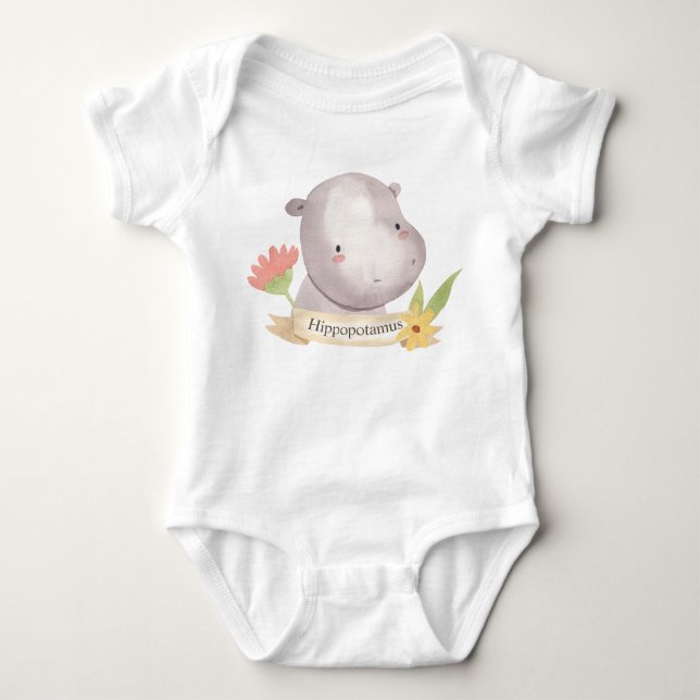 Cute Watercolor Safari Animal Baby Hippopotamus Bodysuit (Front)