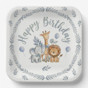 Cute Watercolor Safari Animals Baby Boy 1st Birth9 Paper Plate