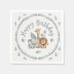 Cute Watercolor Safari Animals Happy Birthday Napkin