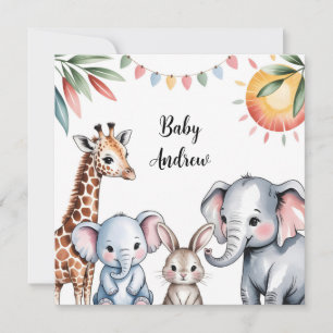 Cute Watercolor Safari Animals Illustration Holiday Card