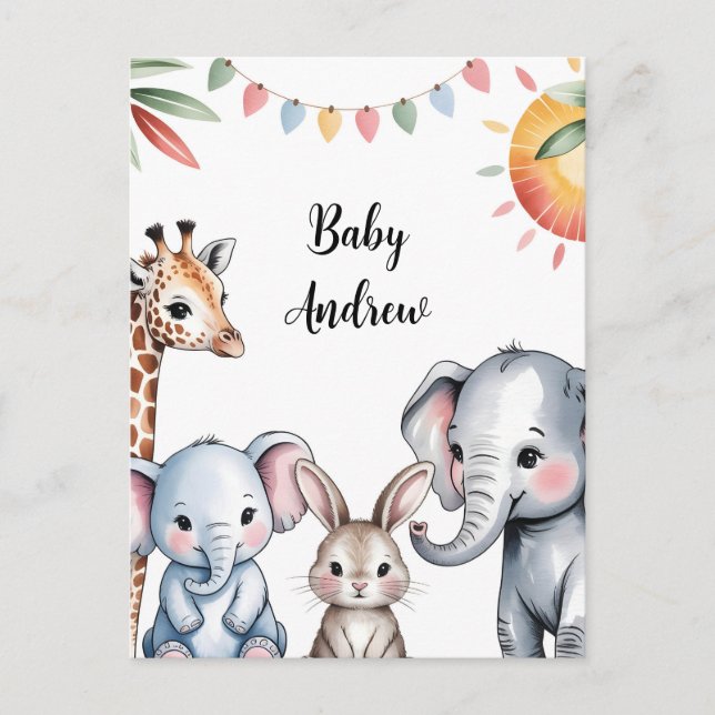 Cute Watercolor Safari Animals Illustration Postcard (Front)