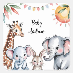 Cute Watercolor Safari Animals Illustration Square Sticker