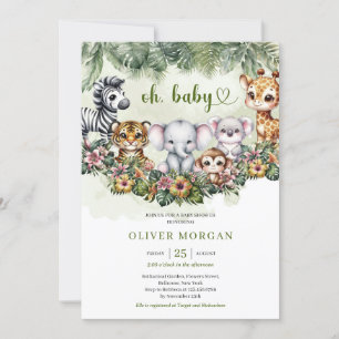 Cute watercolor Safari animals Tropical greenery Invitation