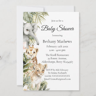 Cute Watercolor Safari Baby Animals Baby Shower Invitation