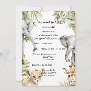 Cute Watercolor Safari Baby Animals Party Invite