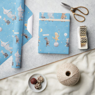 Cute Watercolor Safari Circus Animals Baby Blue Wrapping Paper
