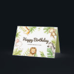 Cute Watercolor Safari Friends Tropical Birthday Card<br><div class="desc">Send your birthday wishes and message with this safari happy birthday card. It features cute watercolor illustrations of a baby giraffe,  monkey,  elephant,  lion and zebra with tropical leaves accent. Personalise by adding your own texts. This tropical birthday card will be perfect for summer and tropical theme birthdays.</div>