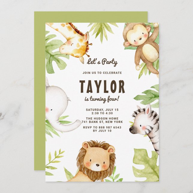 Cute Watercolor Safari Friends Tropical Birthday Invitation (Front/Back)
