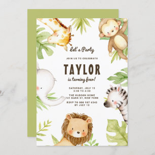 Cute Watercolor Safari Friends Tropical Birthday Invitation