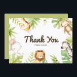 Cute Watercolor Safari Friends Tropical Birthday Thank You Card<br><div class="desc">Send thanks to family and friends for being part of your celebrating with this safari thank you card. It features cute watercolor illustrations of a baby giraffe, monkey, elephant, lion and zebra with tropical leaves accent. Personalise by adding your event details. This tropical thank you card will be perfect for...</div>