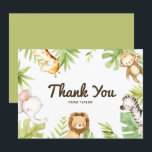 Cute Watercolor Safari Friends Tropical Birthday Thank You Card<br><div class="desc">Send thanks to family and friends for being part of your celebrating with this safari thank you card. It features cute watercolor illustrations of a baby giraffe, monkey, elephant, lion and zebra with tropical leaves accent. Personalise by adding your event details. This tropical thank you card will be perfect for...</div>