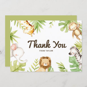 Cute Watercolor Safari Friends Tropical Birthday Thank You Card