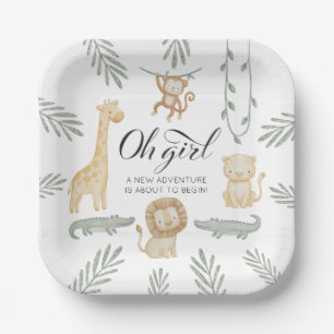 Cute Watercolor Safari Jungle Oh Girl Baby Shower Paper Plate