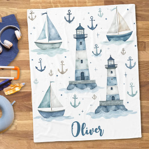 Cute Watercolor Saiboats, Lighthouses & Anchors Fleece Blanket