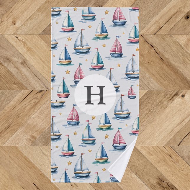Cute Watercolor Sailboat & Name Kids Bath Towel (Creator Uploaded)