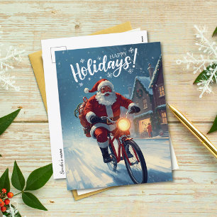 Cute Watercolor Santa on Bicycle Christmas Holiday Postcard