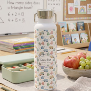 Cute Watercolor School Bus Custom Name Backpack Water Bottle