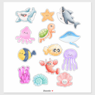 Cute Watercolor Sea Creatures Puffer Fish Shark 