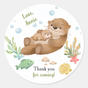 Cute Watercolor Sea Otter Mother & Baby Classic Round Sticker