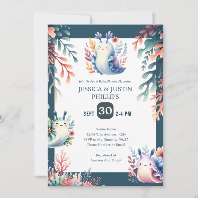 Cute Watercolor Sea Slugs Ocean Baby Shower Invitation (Front)