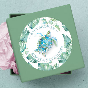 Cute Watercolor Sea Turtle & Greenery Favour Classic Round Sticker