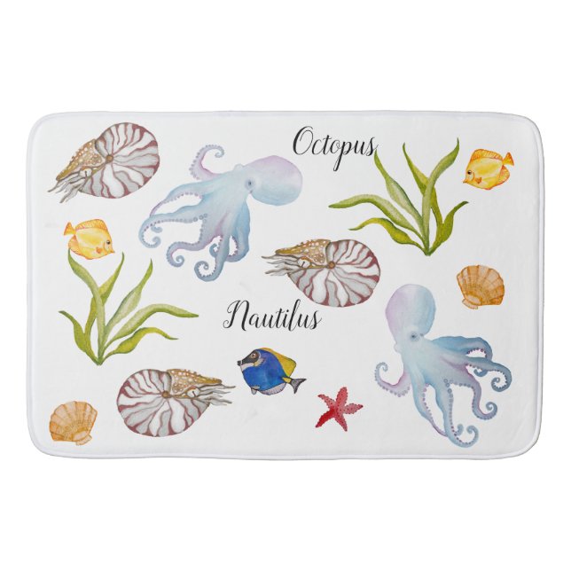 Cute watercolor seabed inhabitants bath mat (Front)