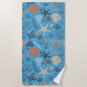 Cute Watercolor Seashell Blue Beach Towel