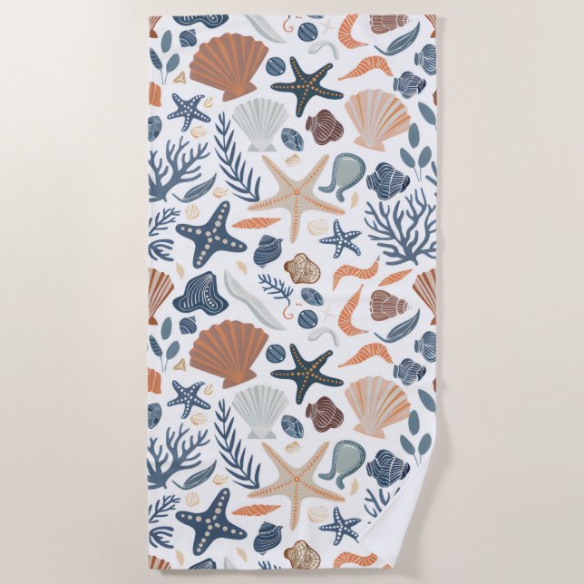 Cute Watercolor Seashell Coral  Beach Towel (Front)