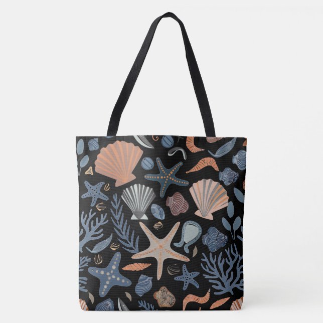 Cute Watercolor Seashell Coral Black Tote Bag (Front)