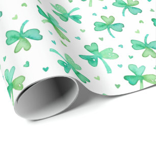 Cute Watercolor Shamrocks and Hearts green white Wrapping Paper