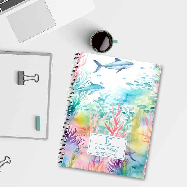 Cute Watercolor Shark Colourful Ocean Monogrammed Notebook (Creator Uploaded)