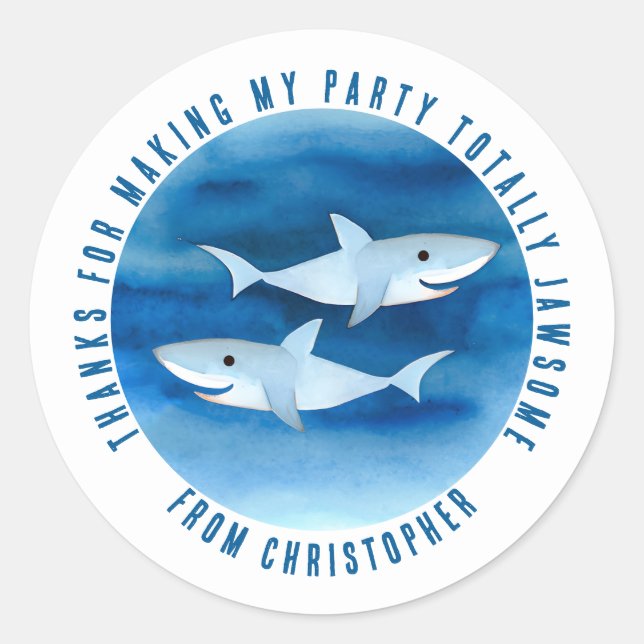 Cute Watercolor Sharks Thank You Favour Classic Round Sticker (Front)