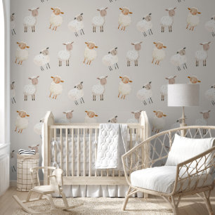 Cute Watercolor Sheep Boho Neutral Nursery Wallpaper