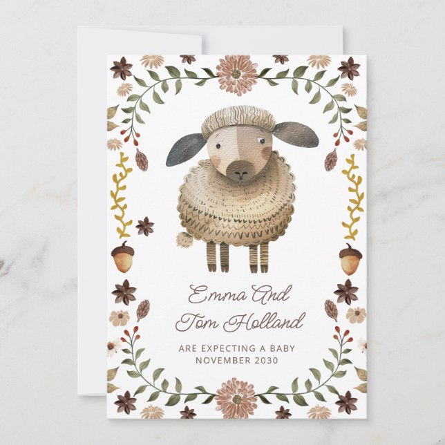 Cute Watercolor Sheep Pregnancy Announcement (Front)